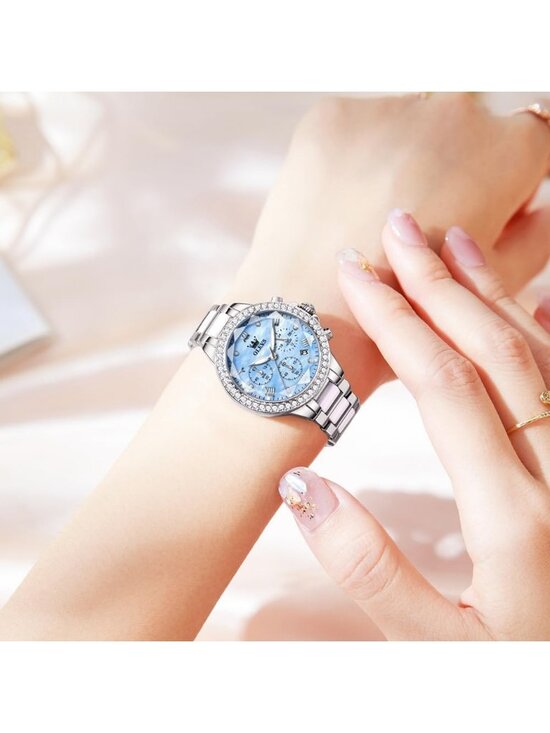 Women\'s Blue Dial Elegant Diamond Bezel Ceramic Fashion Analog Quartz Watch